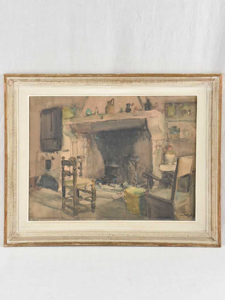 Antique French watercolor fireplace painting