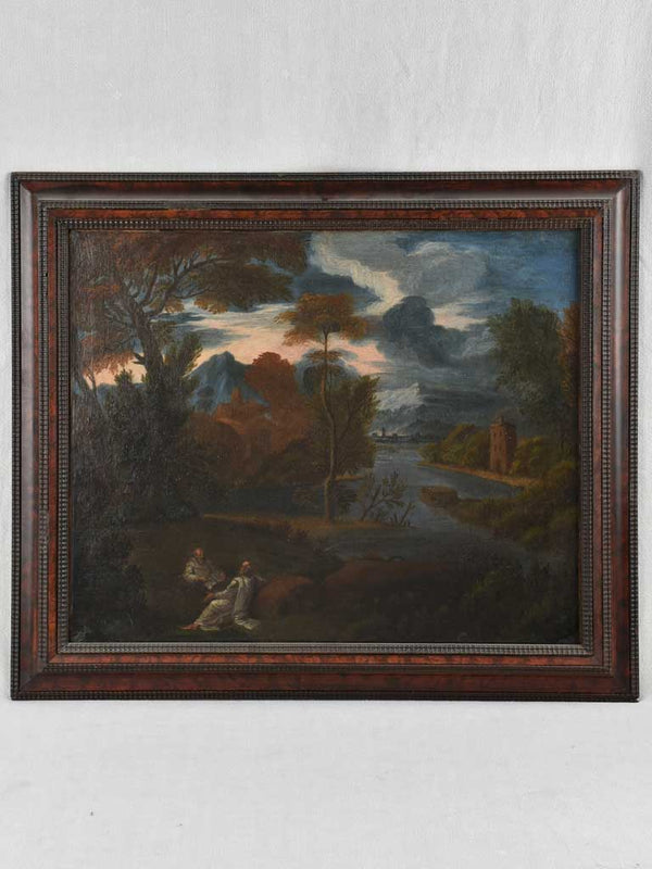 17th century landscape painting with 2 monks 27½" x 32¾"