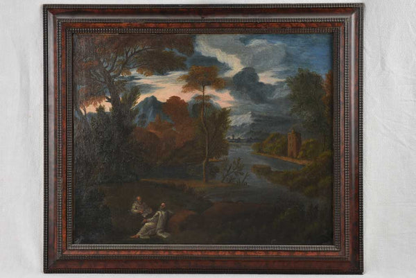 17th century landscape painting with 2 monks 27½" x 32¾"