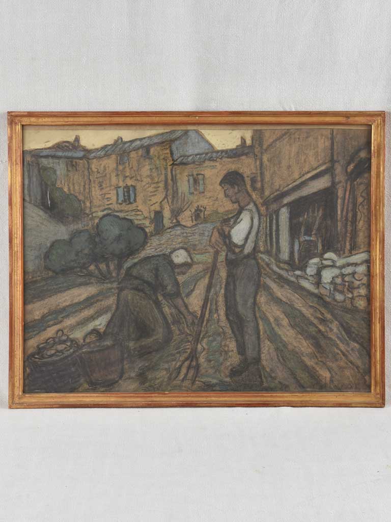 Painting On Panel - 2 Farmers Working The Soil - Joseph Hurard (1887-1956) 20" x 25½"