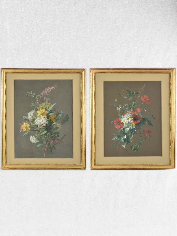 Antique French Gouache floral paintings