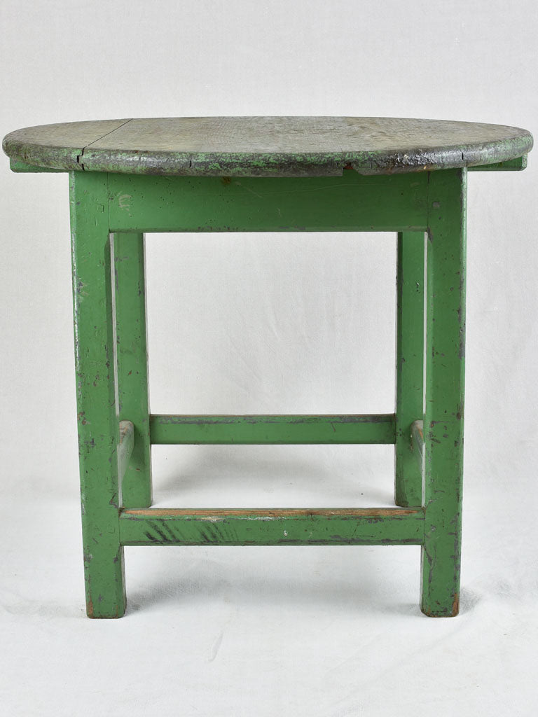 Rustic round table with green patina & square base 30"