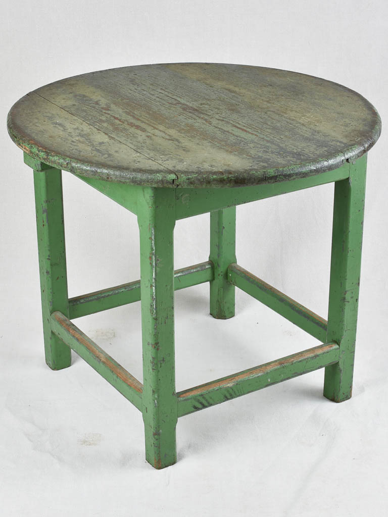 Rustic round table with green patina & square base 30"