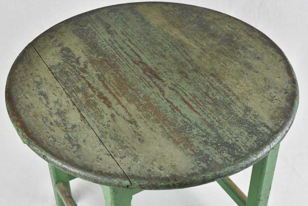Rustic round table with green patina & square base 30"