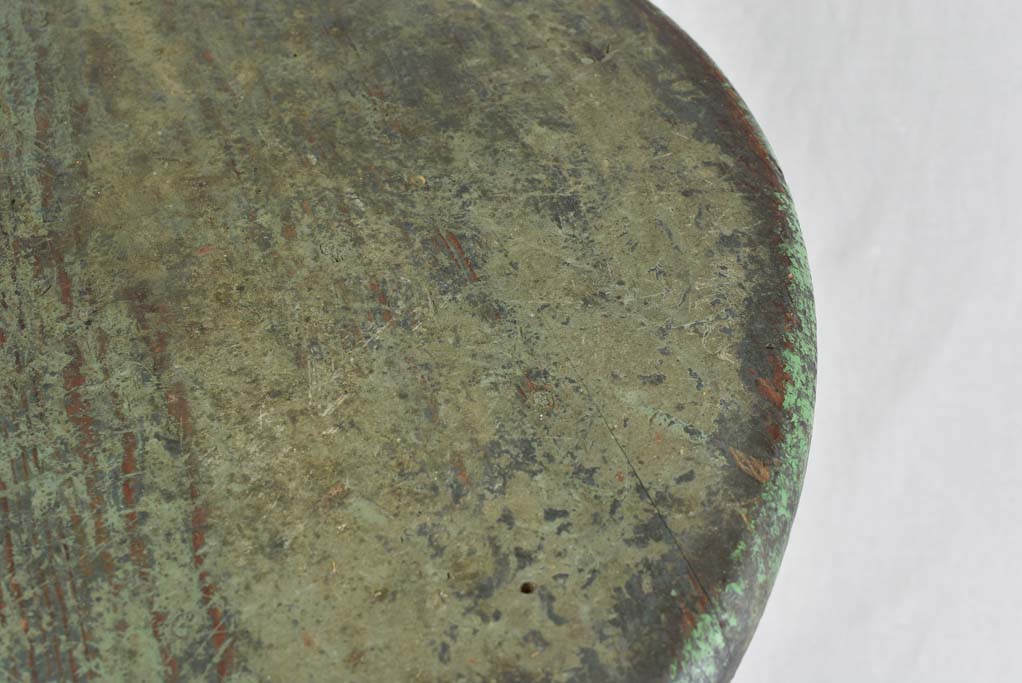 Rustic round table with green patina & square base 30"