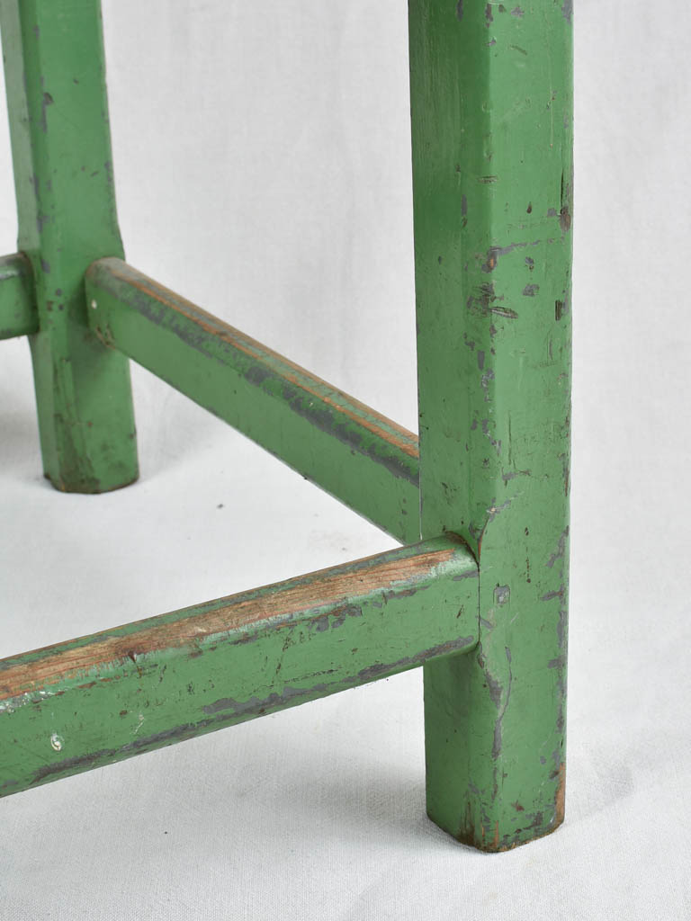 Rustic round table with green patina & square base 30"