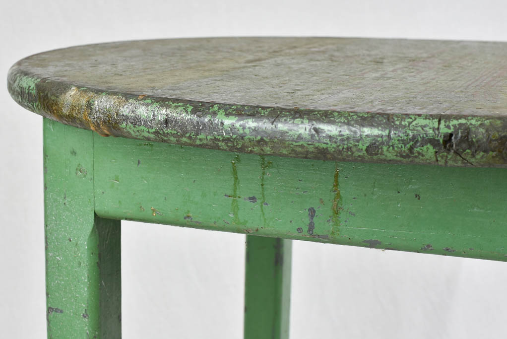 Rustic round table with green patina & square base 30"