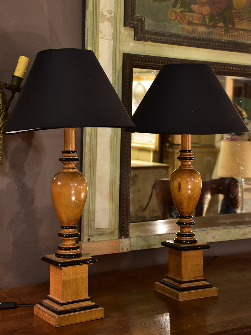 Pair of Lotihier style lamps with burr walnut bases