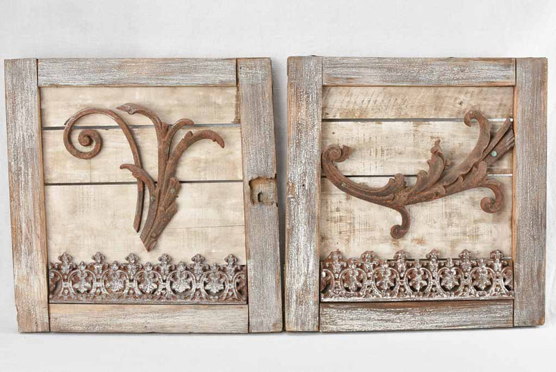 Pair of artisan made panels with wrought iron decoration 22" x 23¼"