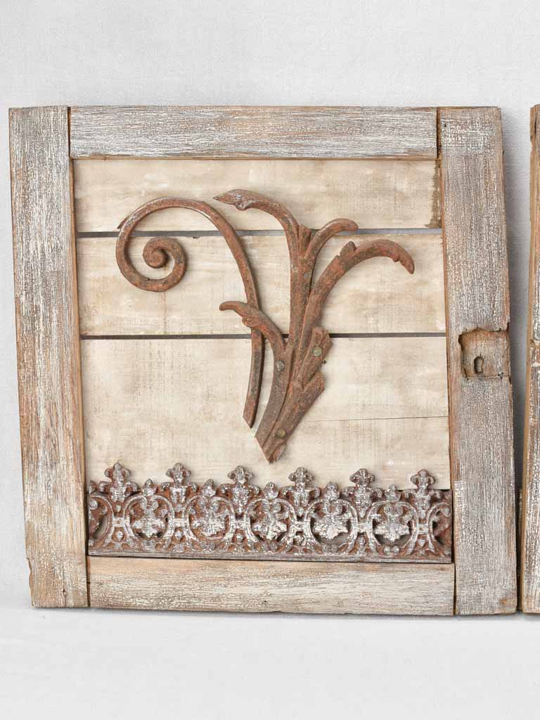 Pair of artisan made panels with wrought iron decoration 22" x 23¼"