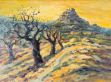 Mid-century olive tree painted scene