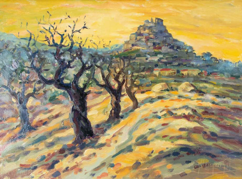 Mid-century olive tree painted scene