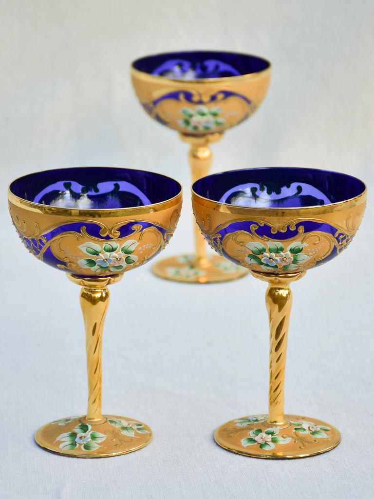 Collection of 3 cobalt blue hand-painted Italian prosecco glasses - early 20th-century 6¾"