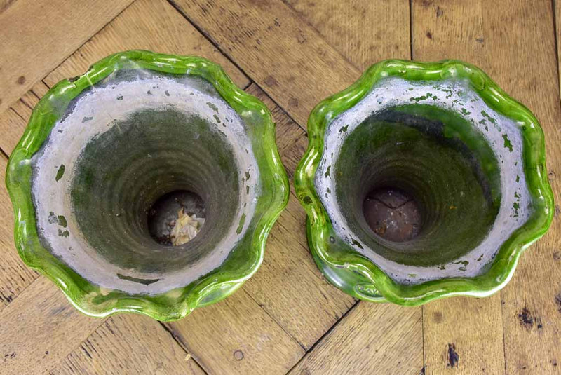 Set of four vintage French florist vases with green glaze and rippled necks