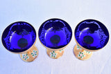 Collection of 3 cobalt blue hand-painted Italian prosecco glasses - early 20th-century 6¾"