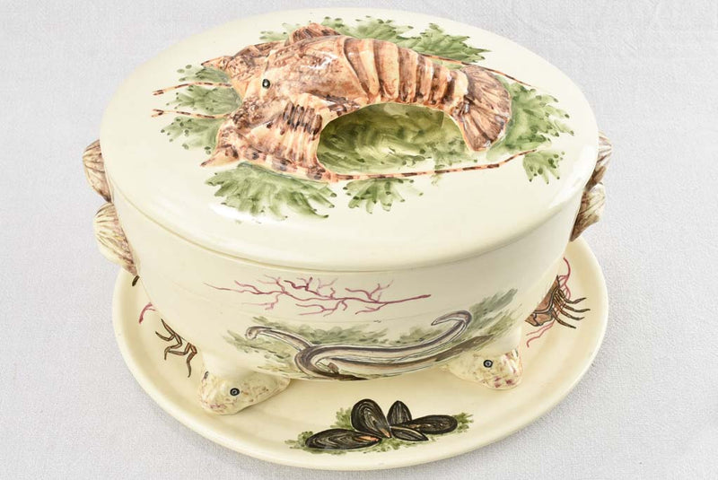 Large oval bouillabaisse tureen with lobster handle