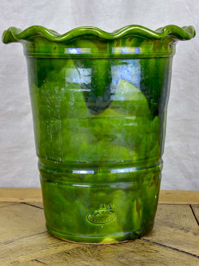 Set of four vintage French florist vases with green glaze and rippled necks
