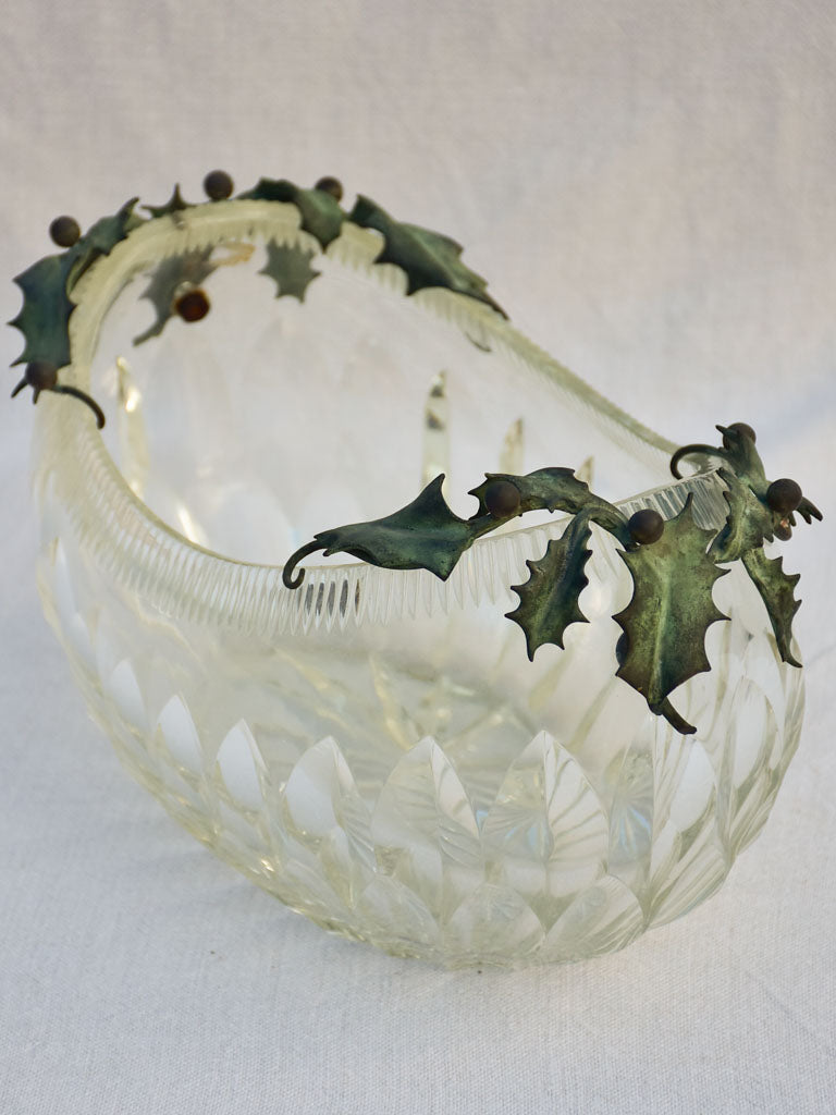 Early 20th century crystal bowl with holly decoration - oval