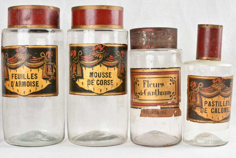 Collection of seven French antique apothecary glass jars