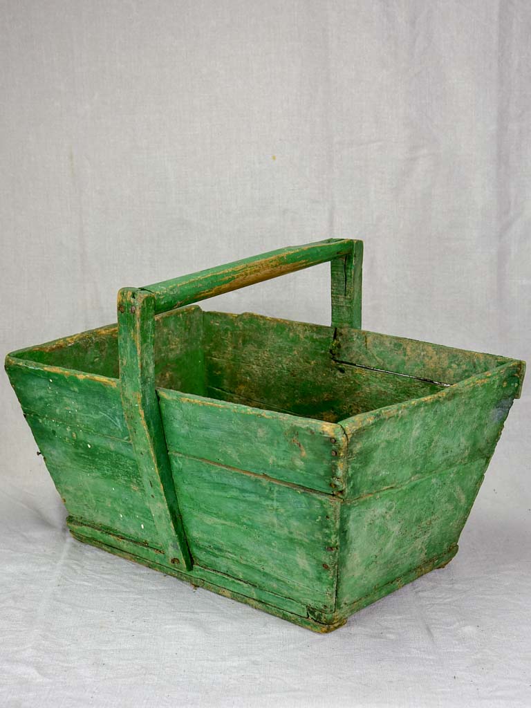 Mid century French winemaker's harvest basket with green patina