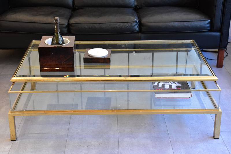 Vintage glass console and coffee table with sliding display case