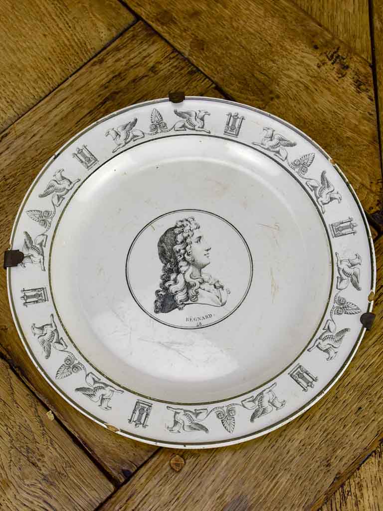 Antique French Parisian faience plate - Profile portrait Rechard