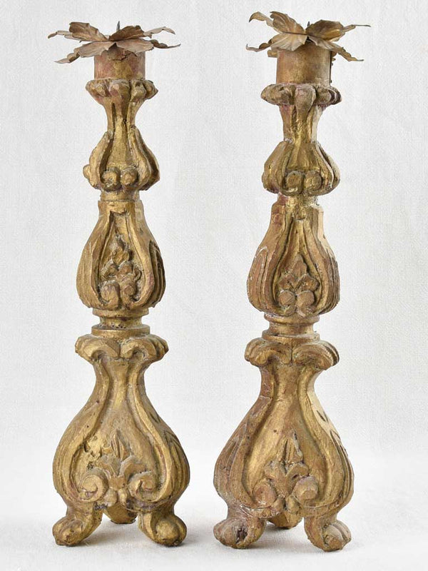 Artisan-made wooden gold candlesticks pair