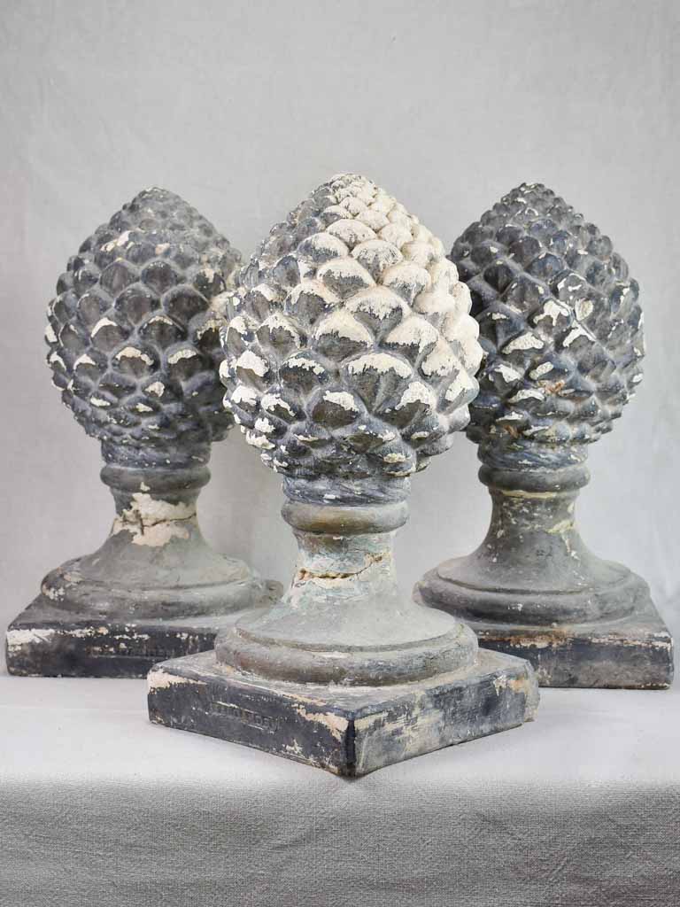 Three mid century French pine cone finials - plaster 19"