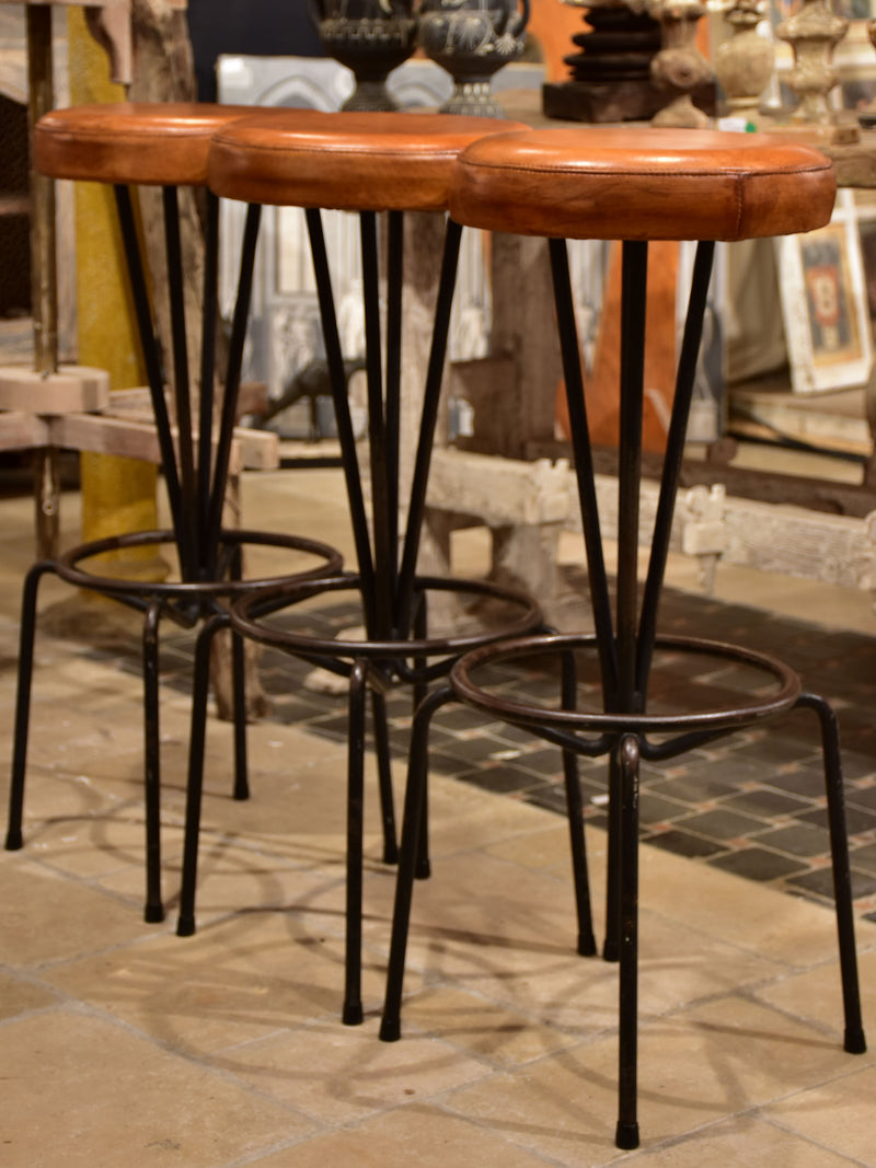 Set of mid-century French barstools with leather seats