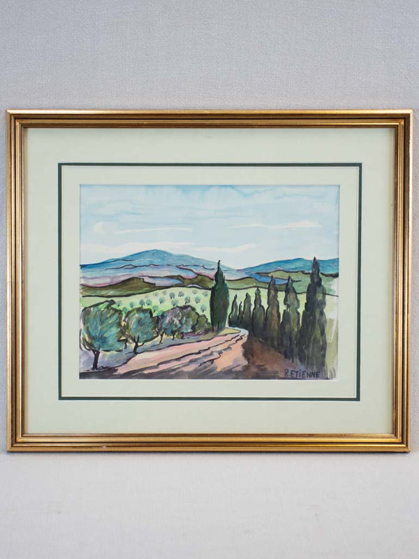 Aged provencal watercolor landscape R Etienne