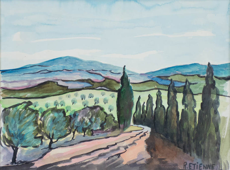 Landscape signed R. Etienne - watercolor, gouache & ink 16¼ x 19""