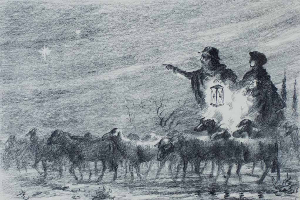 Detailed Monochrome Shepherd Scene Sketch