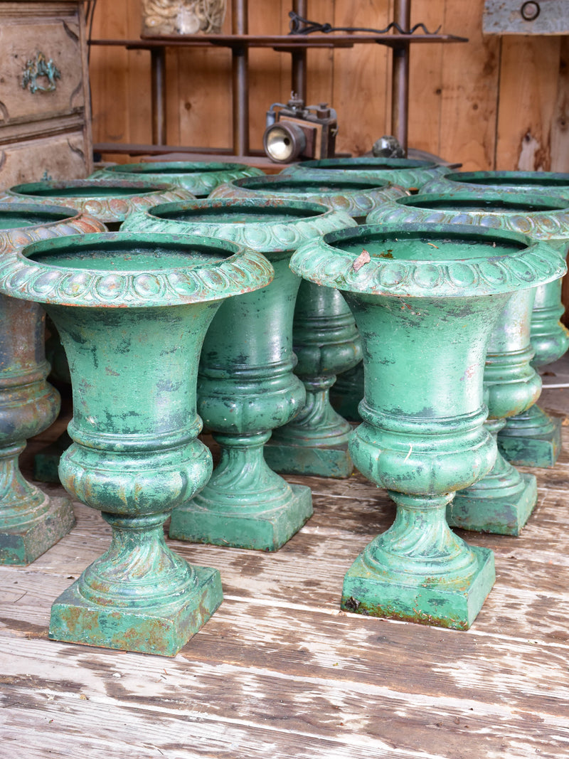 Rare collection of 8 Medici urns with green patina
