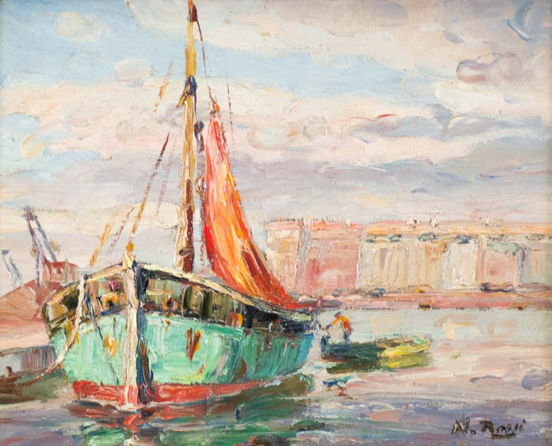 Antique fishing boat harbor painting