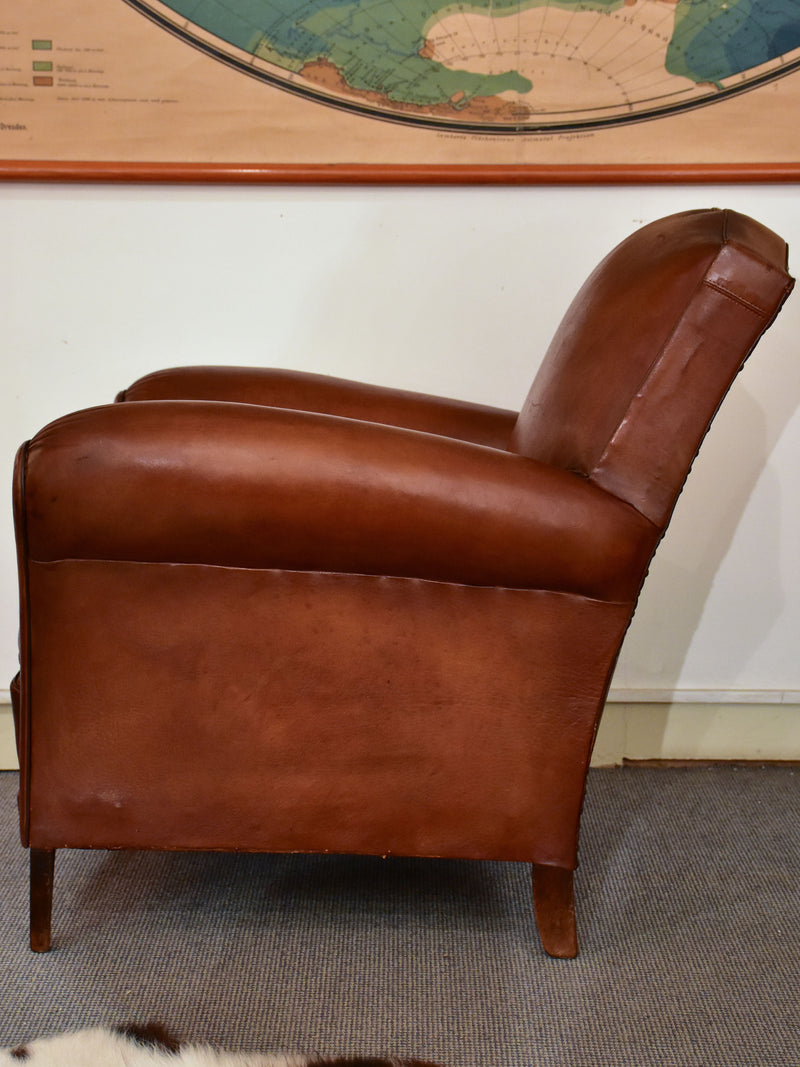 Petite 1950's French leather club chair with moustache back