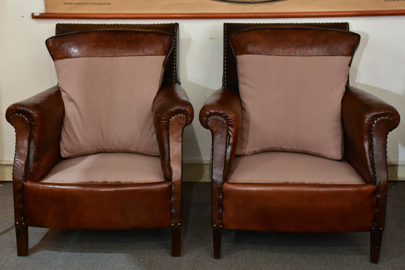 Pair of square-back French club chairs