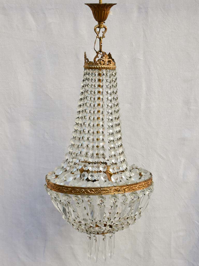 Mid century balloon-shaped semi-crystal and brass chandelier 27½"