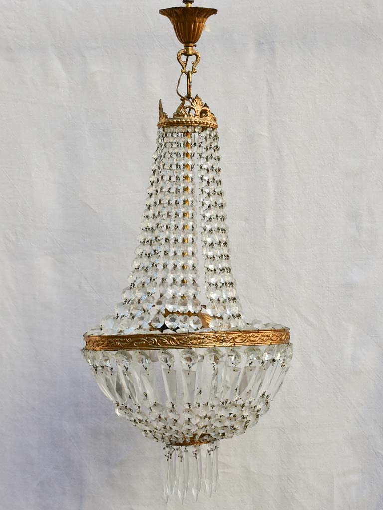 Mid century balloon-shaped semi-crystal and brass chandelier 27½"