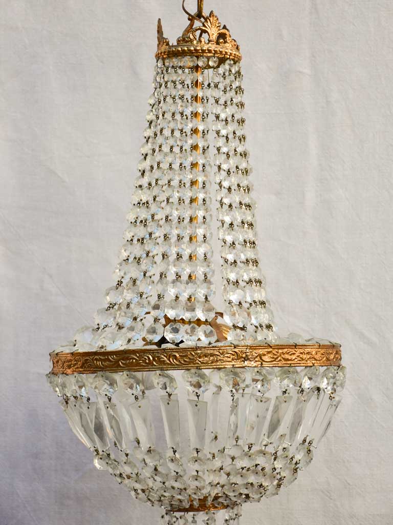 Mid century balloon-shaped semi-crystal and brass chandelier 27½"