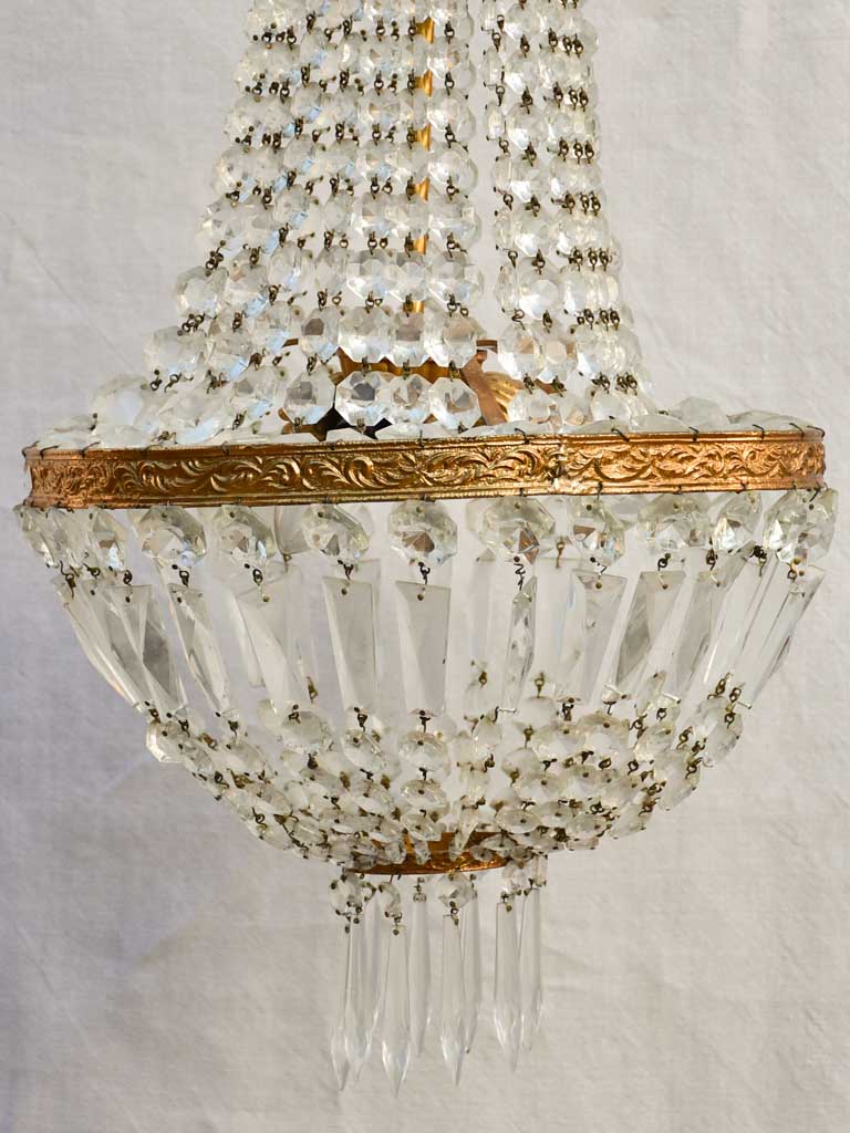 Mid century balloon-shaped semi-crystal and brass chandelier 27½"
