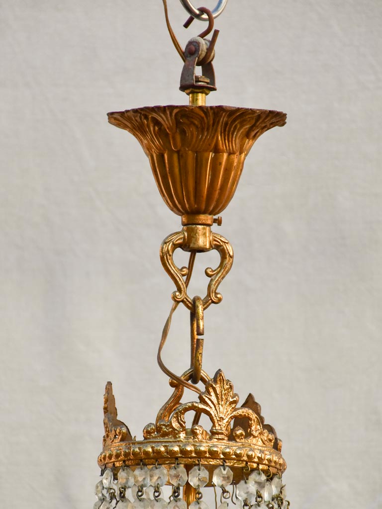 Mid century balloon-shaped semi-crystal and brass chandelier 27½"