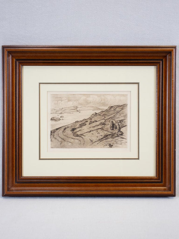 Coastal landscape signed E. Rocher - ink and pencil drawing 17¾" x 20½"