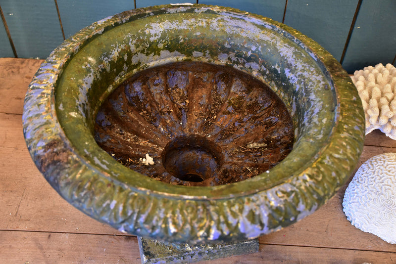 Antique French garden urn with dark green patina