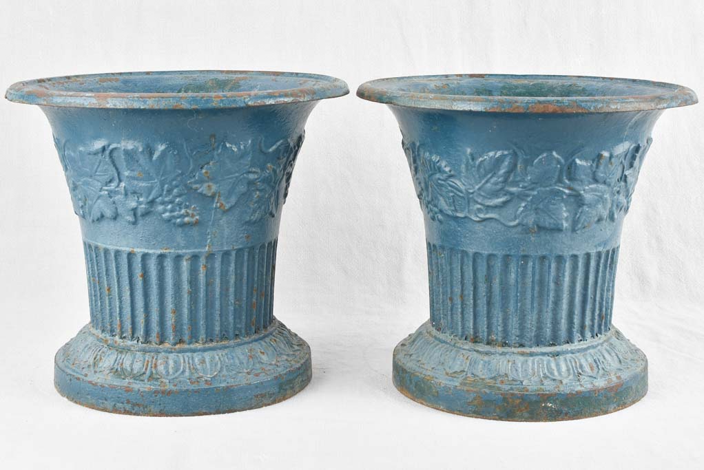 Pair of 19th century cast iron planters w/ blue paint finish 12¼"