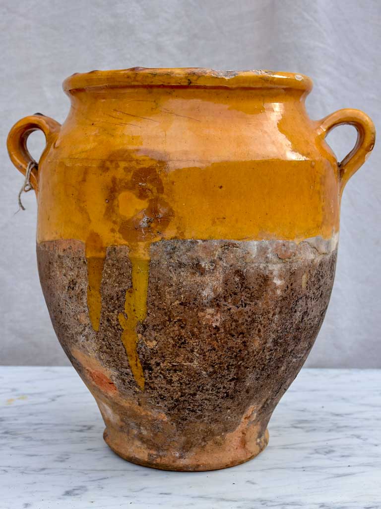 Antique French confit pot with orange glaze 11½"