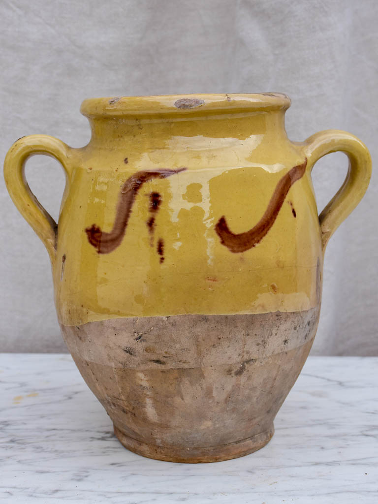 19th Century French confit pot from Provence with Yellow glaze and brown decoration 9½"
