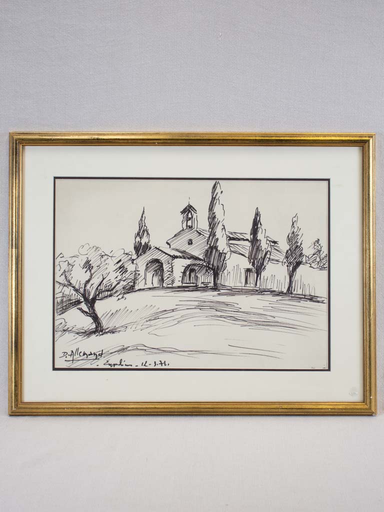 Chapelle Saint Sixte in Eygalières D. Allemand (1906- ?) preliminary sketch in ink 1971 - 18½" x 24"