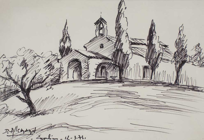 Chapelle Saint Sixte in Eygalières D. Allemand (1906- ?) preliminary sketch in ink 1971 - 18½" x 24"
