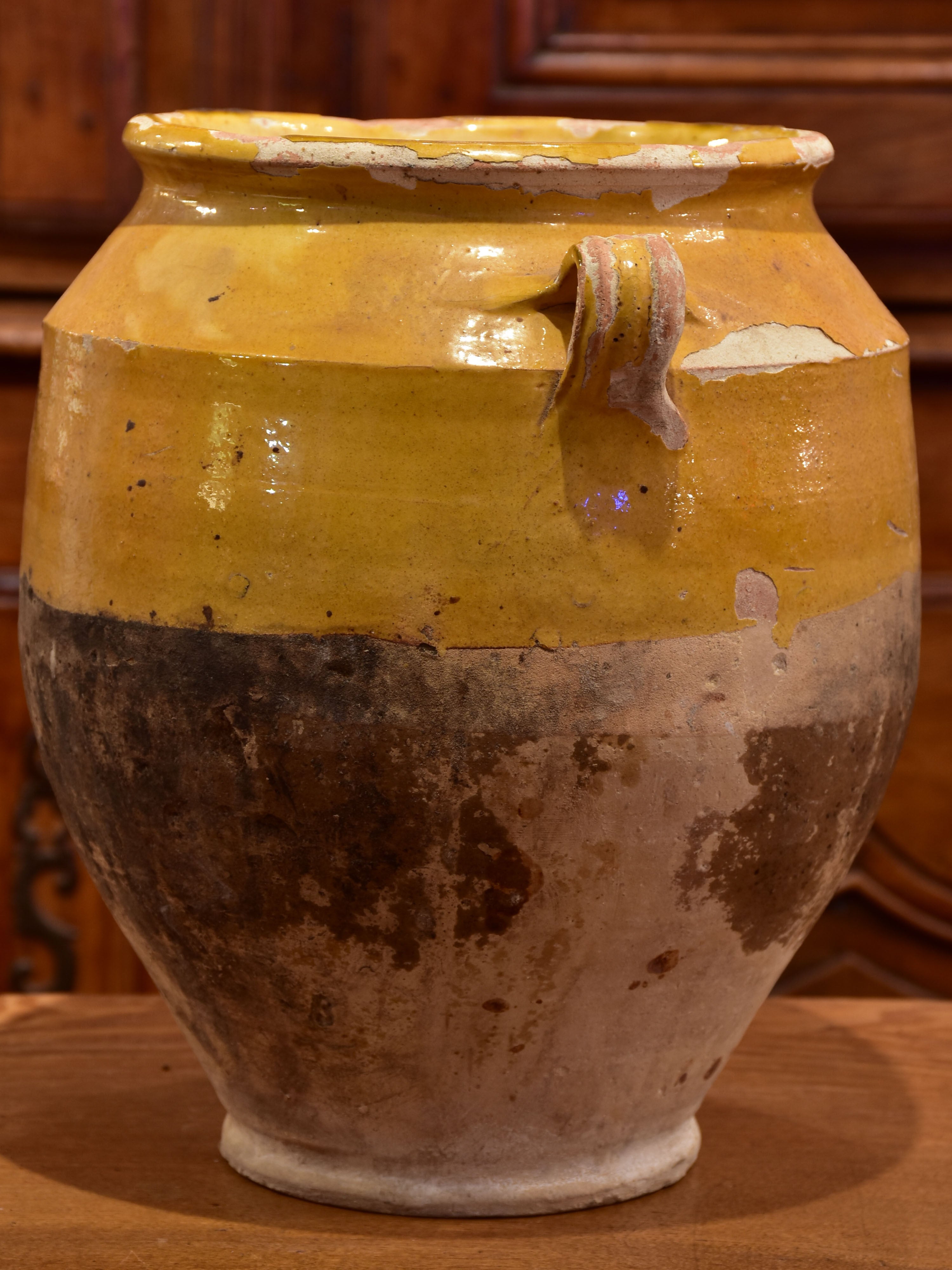 19th century French confit pot with ochre glaze