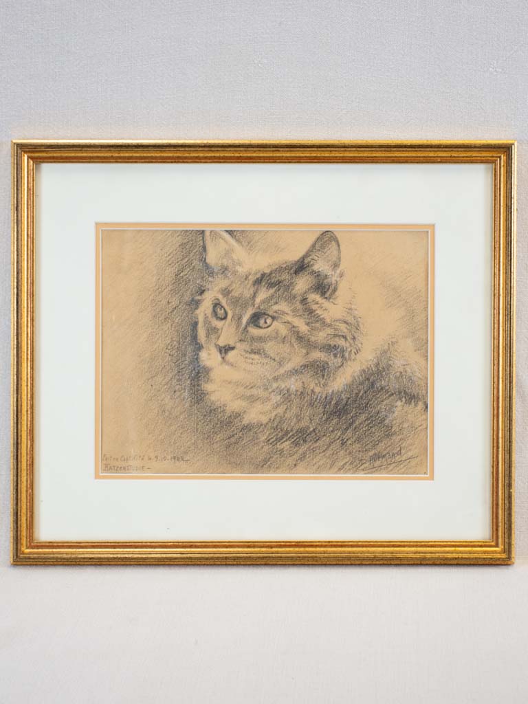 Vintage 1942 framed pencil cat drawing